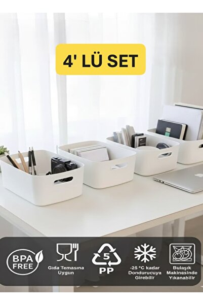 VİALEX 4 Adet Masaüstü Organizer Beyaz Renk Plastik Sepet Çok Amaçlı Düzenleyici