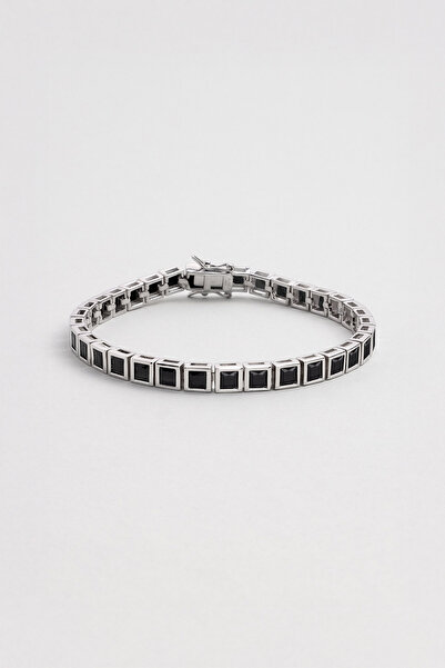 So CHIC... Siyah Taşlı 18 Ayar Beyaz Altın Kaplama Unisex Gümüş Su Yolu Bileklik