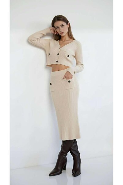 Miss Poem Women's Stone Cardigan Skirt Bottom Top Two-Piece Set