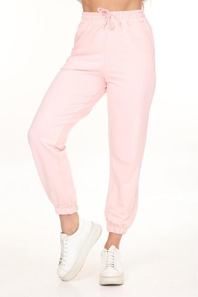 HEDEF DAİSY Women's Elastic Waist, Lace-Up Front, Elasticated Leg Openings, Two-Thread Pink Color Sweatpants.