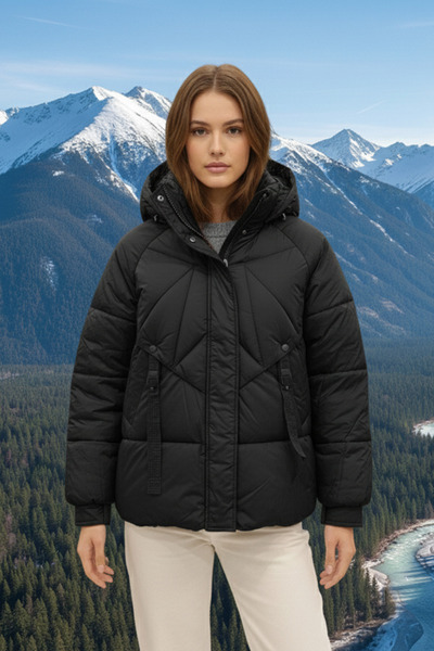 Robin D99900 Kapşonlu Çıt Çıt Detaylı Oversize Kadın Puf Mont