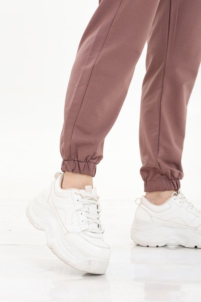 HEDEF DAİSY Women's Elastic Waist, Lace-Up Front, Elasticated Cuffs, Two Thread Beige Color Sweatpants