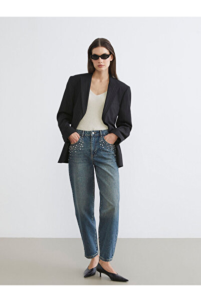 LC Waikiki LCW JeansIndigo Barrel Fit Taşlı Kadın Jean Pantolon