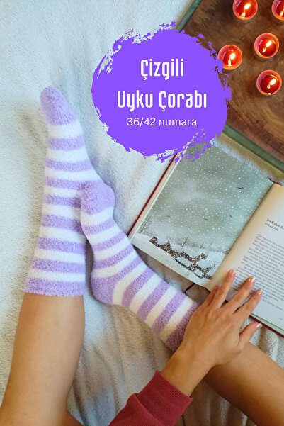 Corapcin Yumuşak Çizgili Peluş Uyku Çorabı-36/42 Kadın Çorap