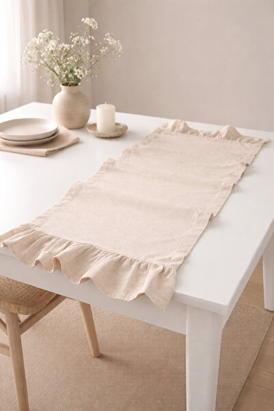 MZN Home 2 Kenar Fırfırlı Bej Keten Runner 30x80 cm – %100 Doğal Pamuk