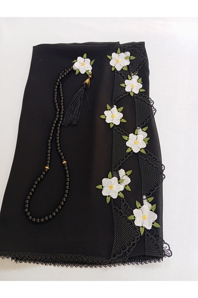 NUMİSTORE İğne oyası siyah renk Tesbihli Namaz Örtüsü