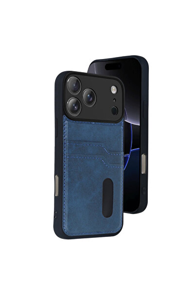 NewFace حافظة جلدية لهاتف ابل ايفون 17 برو مع حامل بطاقات - أزرق داكن