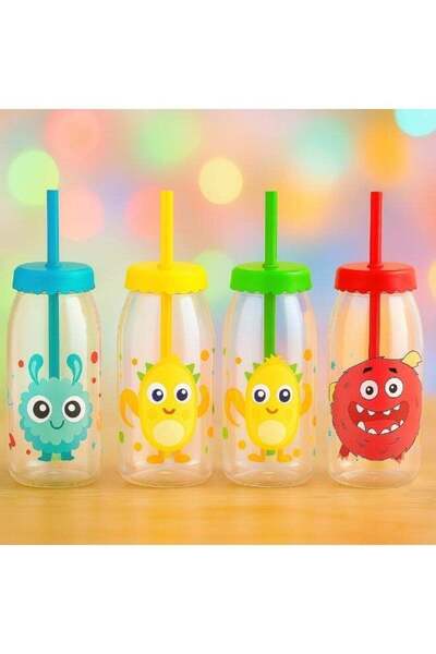 Generic Plastic Bottle with Straw and Drawings for Children, 4 Pcs Set 400 ML...
