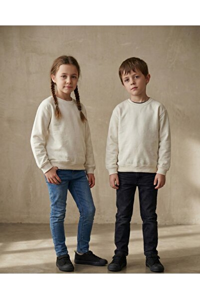 Kyex Unisex pentru copii Culoare crem guler rotund basic Swea tricou - bumbac...