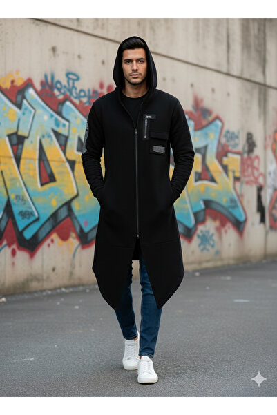 Erkek siyah 3 iplik kumaşlı tarz fermuarlı sweatshirt
