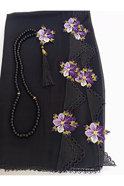 NUMİSTORE İğne oyası siyah renk Tesbihli Namaz Örtüsü