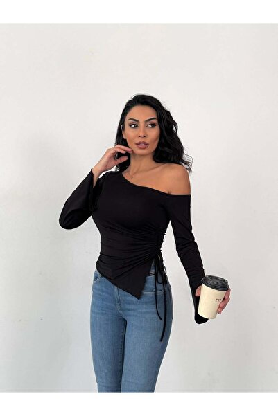 Freya Kadın Asimetrik Kesim İspanyol Kol Beli Büzgülü Sandy Bluz