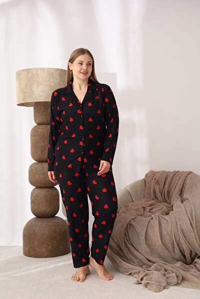 SEBOTEKS Buttoned Heart Patterned Suede Fabric Plus Size Women's Pajama Set 555