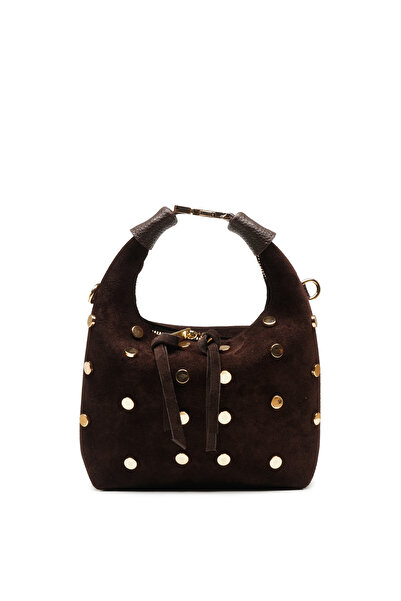 LOTUSVİE Kadın Hakiki Süet Deri Zımba Detaylı Kahverengi El ve Omuz Çantası