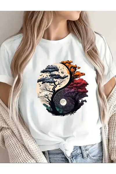 oneagılyazı Yin Yang Nature Motif Printed T-Shirt