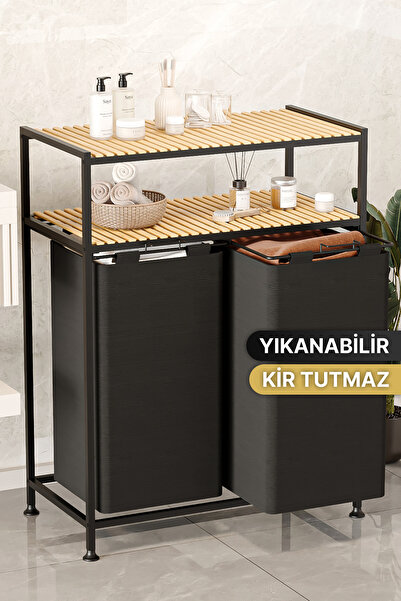Bino Kirli Sepeti Ahşap Raflı 2 Katlı 2 Bölmeli Kumaş Banyo Dolabı Düzenleyici Çamaşır sepeti