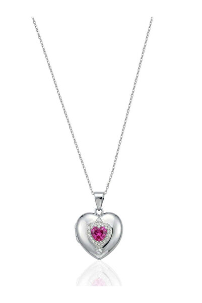 oya silver Pembe Zirkon Taşlı Kapaklı Kalp Gümüş Kadın Kolye 2x1.6 cm [OYSKK025]