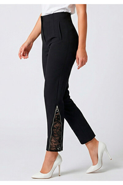 Little Visqon Kadın Siyah Yüksek Bel Paçası Dantelli Fermuar Detaylı Pantolon