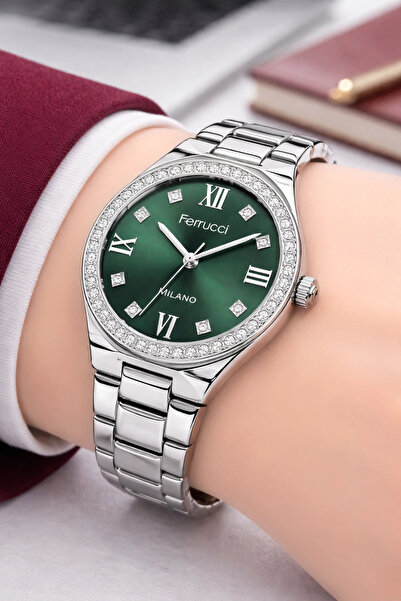 Ferrucci Steel Cord Stone Steel Case Women Wrist Watch Silver-Green Sdfer192