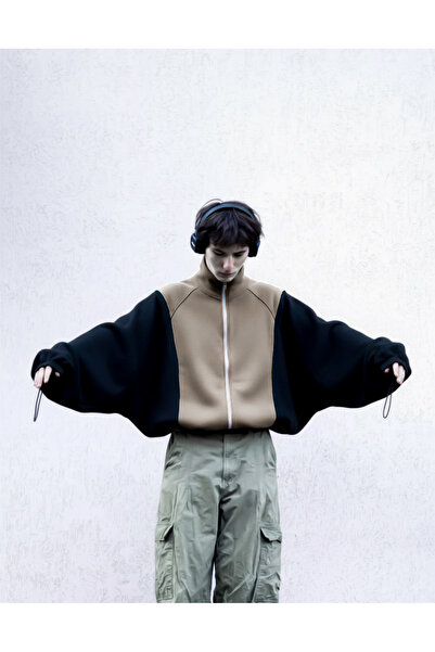 melongeneco Siyah ve bej renk karışımlı boğazlı yarasa kollu ceket oversıze f...