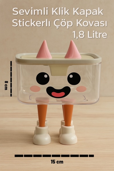 ozbience Sevimli Stickerlı Klik Kapaklı Çöp Kutusu 1,8 Litre