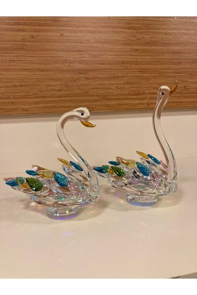 PLUS HOME DEKORATİF KRİSTAL 2,Lİ RENKLİ KRİSTAL TAŞLI KUĞU YÜKSEKLİK 18 VE 16 CM ÇAPI 17 CM