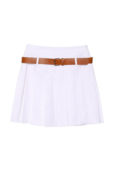 Quzu Pile Detaylı Kemerli Etek Beyaz