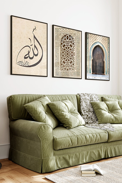 kutuTR Siyah Çerçeveli 2D UV Baskı 3’lü MDF Tablo Set – Mihrap Desenli İslami...