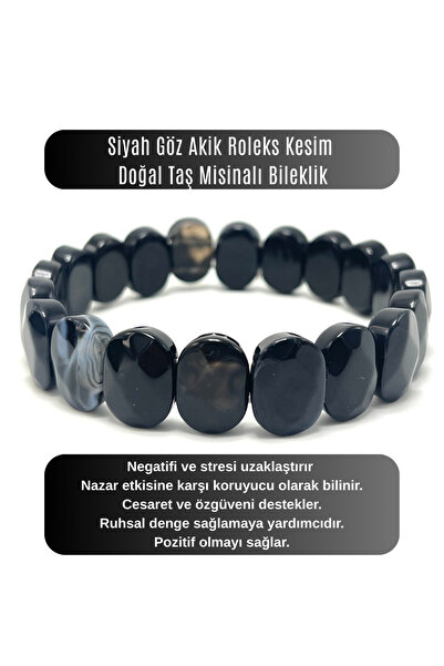 YILDIZ DOĞAL TAŞ سوار من حجر العقيق الأسود الطبيعي بقطع رولكس معتمد