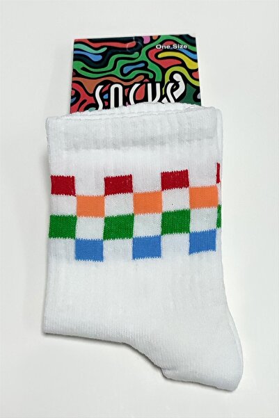 ZERO LAND 1611353749 Κάλτσες 8X28-Λευκές με σχέδιο έγχρωμου κύβου (205313)
