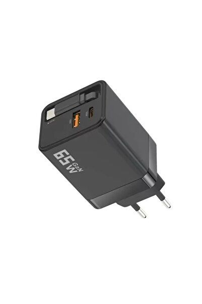 Store 65W GaN Süper Hızlı Şarj Adaptörü Üçlü | Geri Çekilebilir Kablolu Katla...