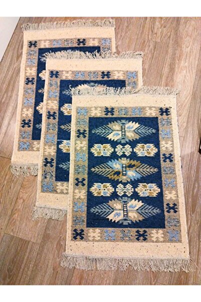 OEM Set of 3 Traditional Rugs, Size 60 x 90 cm, Blue and Cream, Pine Cone
