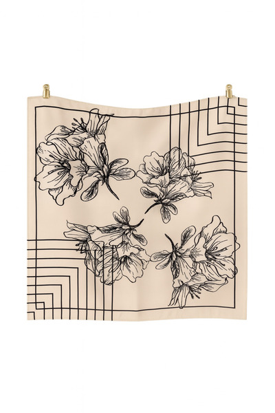 AGAPI Minimal Floral Patterned Satin Scarf 50X50 cm |   Cream Geometric Women's Bandana