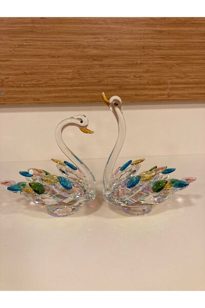 PLUS HOME DEKORATİF KRİSTAL 2,Lİ RENKLİ KRİSTAL TAŞLI KUĞU YÜKSEKLİK 18 VE 16 CM ÇAPI 17 CM