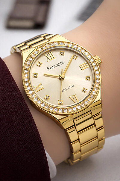 Ferrucci Steel Cord Stone Steel Case Women Wrist Watch Gold Sdfer192