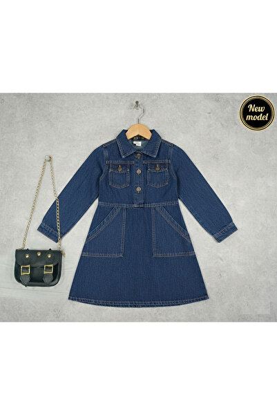 GİRL EMELY Kız Çocuk Trend Uzun Kol Ve Cep Detaylı Gömlek Yaka Kot Elbise Çan...
