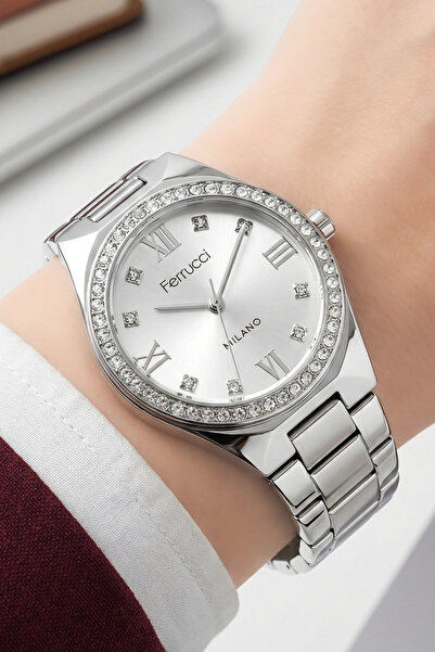Ferrucci Steel Cord Stone Steel Case Women Wrist Watch Silver Sdfer192