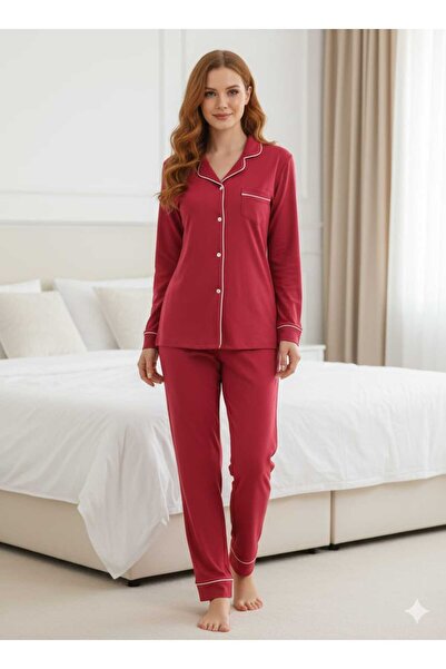 MODA Σετ βαμβακερής πιτζάμας με μπροστινό κουμπωτό γιακά, κόκκινα τελειώματα ...