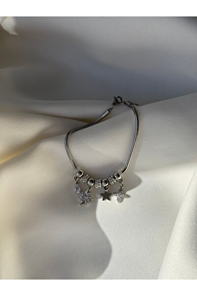 NB STEELORA سوار نسائي بسلسلة فضية اللون مع أحجار الزركون على شكل أربع أوراق
