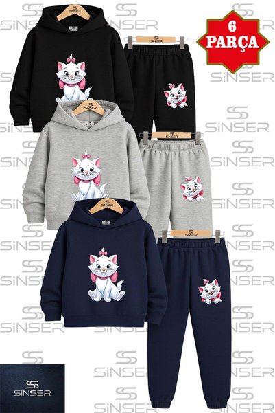 SS SİNSER Children's 3-Piece Set'Sitting with a Cat Ribbon' 3-Piece Hooded Tr...