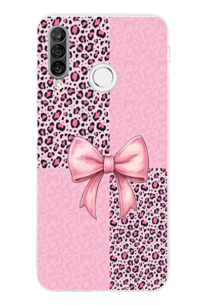 TechTree حافظة سيليكون متوافقة مع هاتف هواوي P30 لايت بنمط الفهد الوردي وشريط...