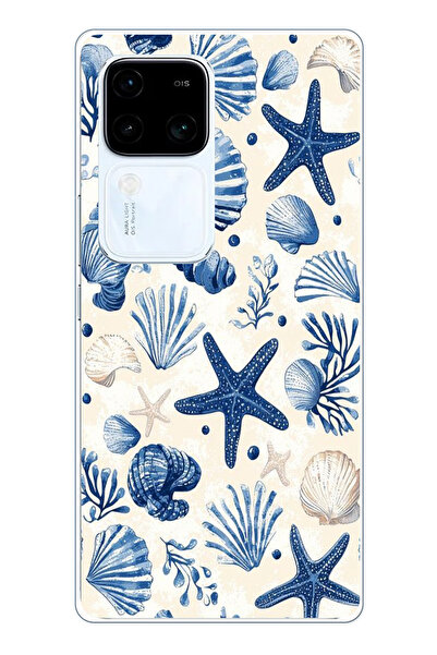 TechTree حافظة سيليكون مطبوع متوافقة مع Vivo V30 بنمط صدفة البحر الزرقاء والنجمة