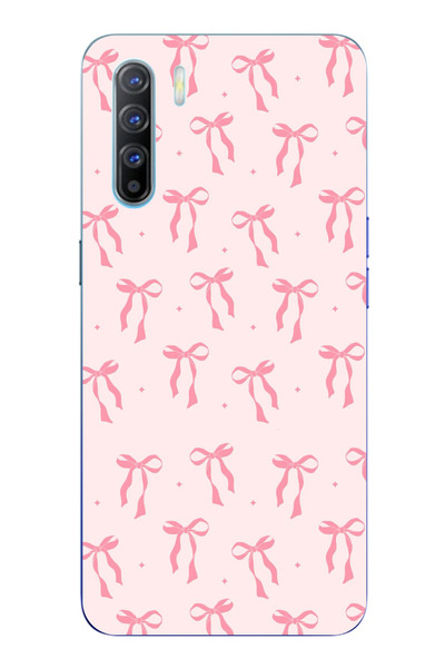 TechTree حافظة سيليكون مطبوع متوافقة مع هاتف اوبو رينو 3-A91 بنمط فيونكة وردية ناعمة