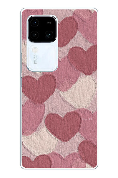 TechTree حافظة سيليكون متوافقة مع هاتف Vivo V30 بلون وردي باستيل وقلب وردي مطبوع