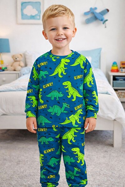 mışıl mışıl kids طقم بيجامة للأولاد من القطن بأكمام طويلة وطبعة ديناصور باللو...