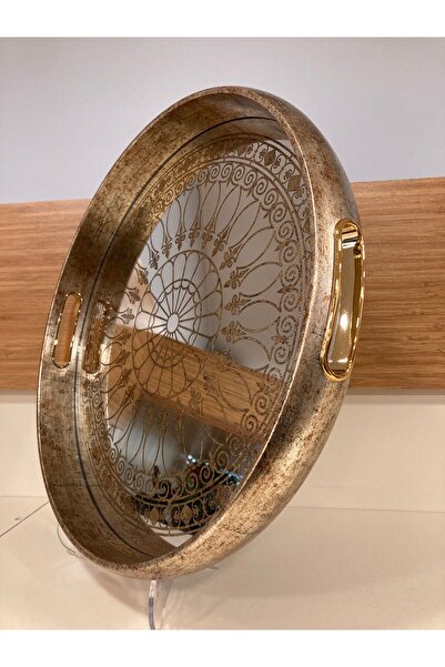 PLUS HOME TEPSİ AHŞAP VE AYNA DESENLİ DETAY YUVARLAK DÜZ MODEL RENK ANTİK ESK...