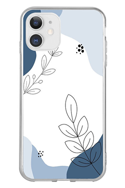 TechTree حافظة سيليكون متوافقة مع هاتف iPhone 11 باللون الأزرق وخطوط نباتية م...