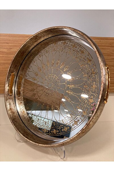 PLUS HOME Tray with Wood and Glass Details, Self-Patterned, Round, Flat Model, Color Antique, Aged, Diameter 35 cm