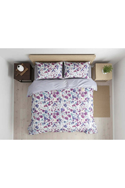 DEMOTEKS Set lenjerie de pat dublu, bumbac satinat, 2 persoane, imprimeu orhidee violetă, 4 piese