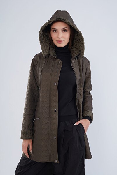 Rain and River BÜYÜK BEDEN İÇİ KÜRKLÜ KAPŞONLU KAPİTONE KABAN